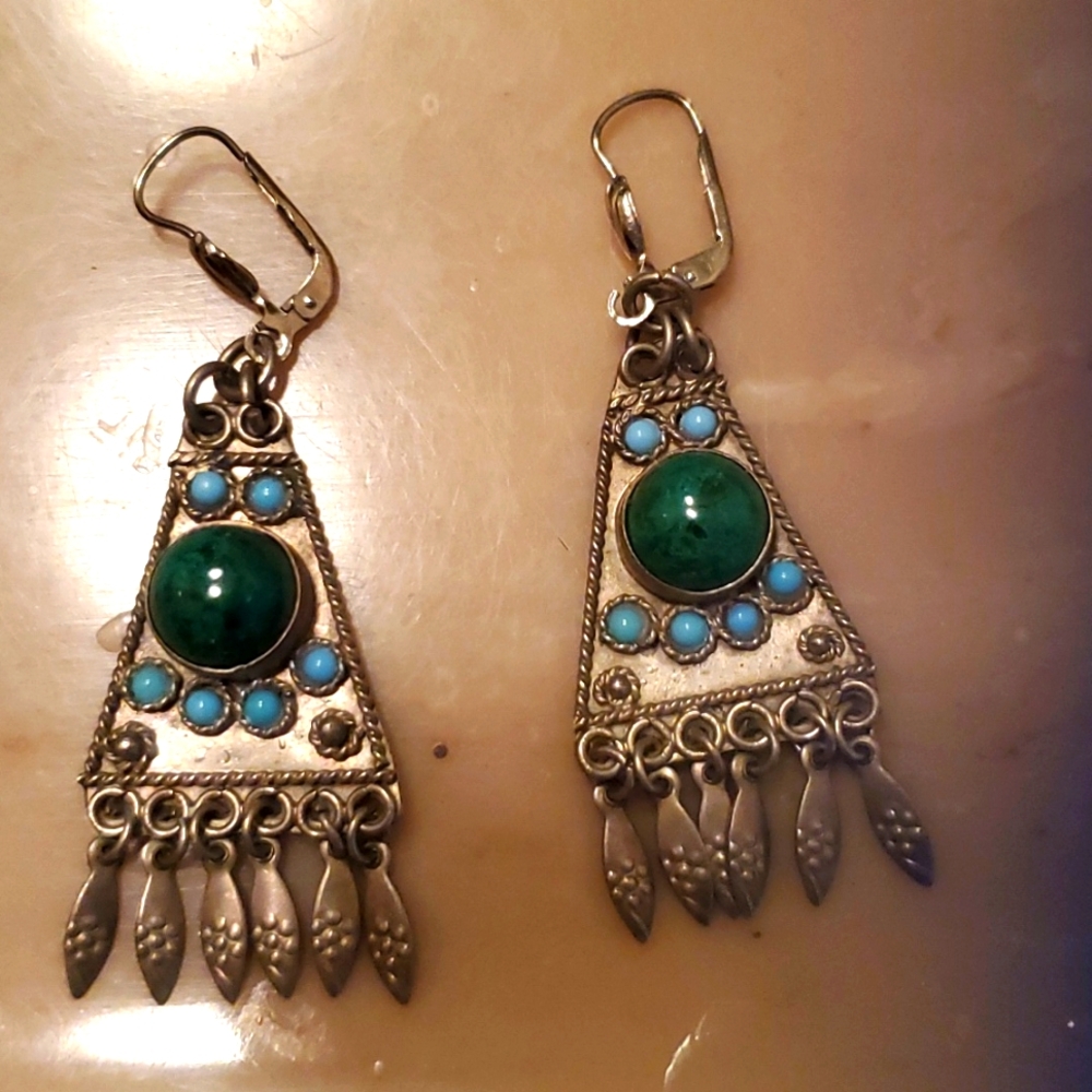 925 Silver boho vintage earrings jade and turquoise made in Israel
